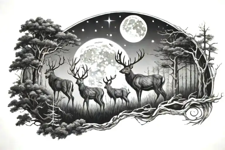open forest deer family moon background black tattoo design idea