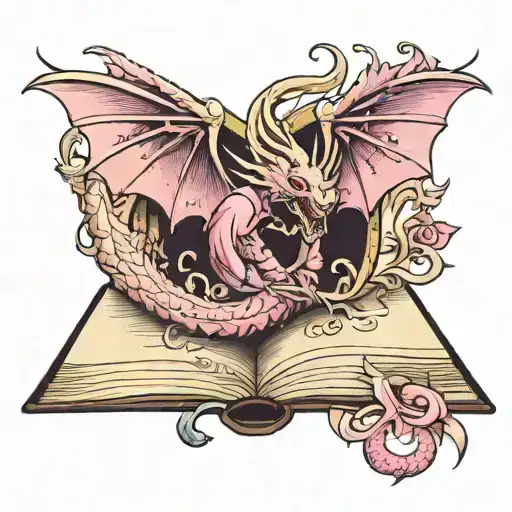 An open book from which a pink dragon   coming  tattoo design idea