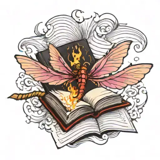 An open book from which a fire-spitting pink dragon flies tattoo design idea