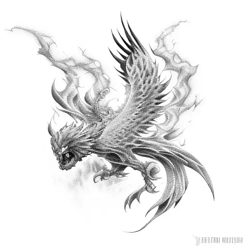 A fusion of a phoenix and a Jujutsu Kaisen cursed spirit, crafted in dotwork style tattoo design idea