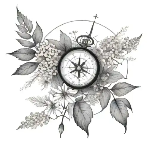 cow parsley around compass tattoo design idea