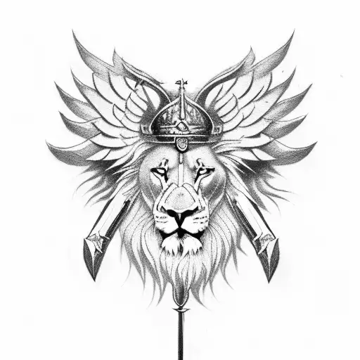 single horizontal sword with angel wings on the ends and lion face ferocious in the middle of the sword tattoo design idea
