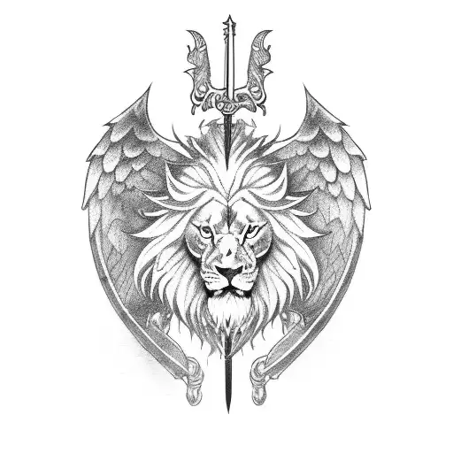 horizontal sword with angel wings on the ends and lion face ferocious in the middle of the sword tattoo design idea