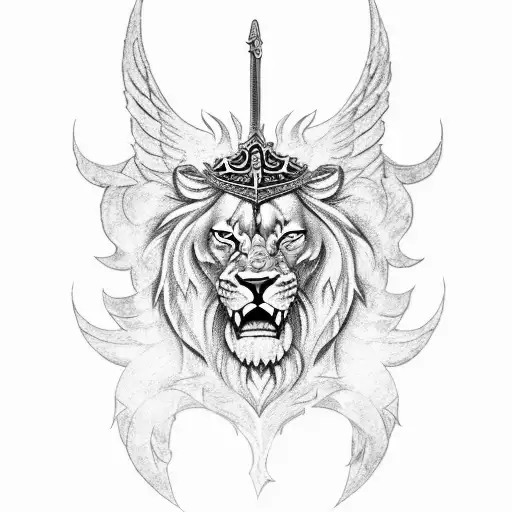 zulfiqar sword with angel wings on the ends and lion face ferocious in the middle of the sword tattoo design idea