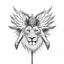 single horizontal sword with angel wings on the ends and lion face ferocious in the middle of the sword tattoo design idea