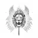 single horizontal sword with angel wings on the ends and lion face ferocious in the middle of the sword tattoo design idea
