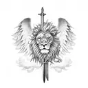 single horizontal sword with angel wings on the ends and lion face ferocious in the middle of the sword tattoo design idea