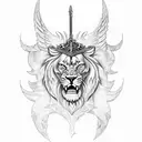 zulfiqar sword with angel wings on the ends and lion face ferocious in the middle of the sword tattoo design idea