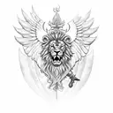 zulfiqar sword with angel wings on the ends and lion face ferocious in the middle of the sword tattoo design idea