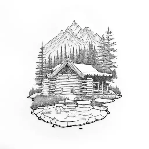 log cabin with small creek and a mountain with some trees tattoo design idea