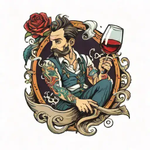 who cannot swim is swimming in the sea holding a barrel of wine tattoo design idea