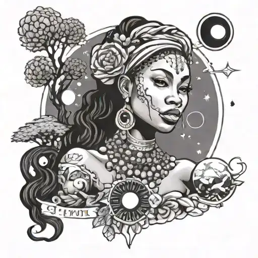 Nigerian princess with solar system and tree in the back ground  tattoo design idea