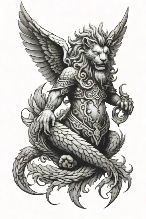 Merlion with wings holding poseidons  trident piercing tattoo design idea