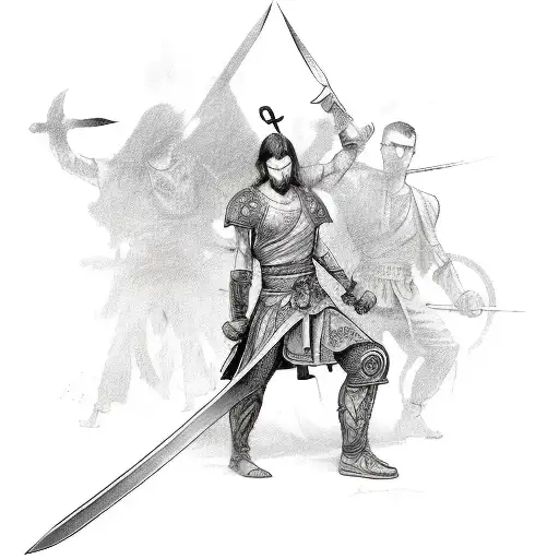 A sketch-style tattoo of a resilient and never give up skinny boy in a fighter pose, holding two swords and standing tall tattoo design idea