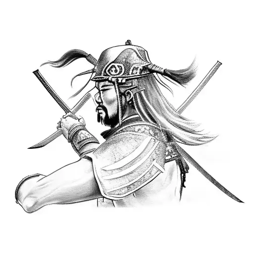 A black-grey tattoo of a samurai warrior with long hair, showcasing strength and resilience, wielding two swords in a back view tattoo design idea