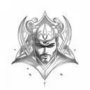 A sketch-style tattoo of a fighter with long hair and two swords, symbolizing resilience and never give up attitude, with perspective lines leading towards a crescent moon tattoo design idea