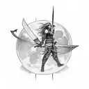 A sketch-style tattoo of a fighter with long hair and two swords, symbolizing resilience and never give up attitude, with perspective lines leading towards a crescent moon tattoo design idea