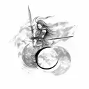 A sketch-style tattoo of a fighter with long hair and two swords, symbolizing resilience and never give up attitude, with perspective lines leading towards a crescent moon tattoo design idea