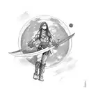 A sketch-style tattoo of a fighter with long hair and two swords, symbolizing resilience and never give up attitude, with perspective lines leading towards a crescent moon tattoo design idea