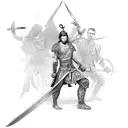 A sketch-style tattoo of a resilient and never give up skinny boy in a fighter pose, holding two swords and standing tall tattoo design idea