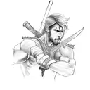 A sketch-style tattoo of a resilient and never give up skinny boy in a fighter pose, holding two swords and standing tall tattoo design idea
