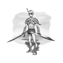 A sketch-style tattoo of a resilient and never give up skinny boy in a fighter pose, holding two swords and standing tall tattoo design idea
