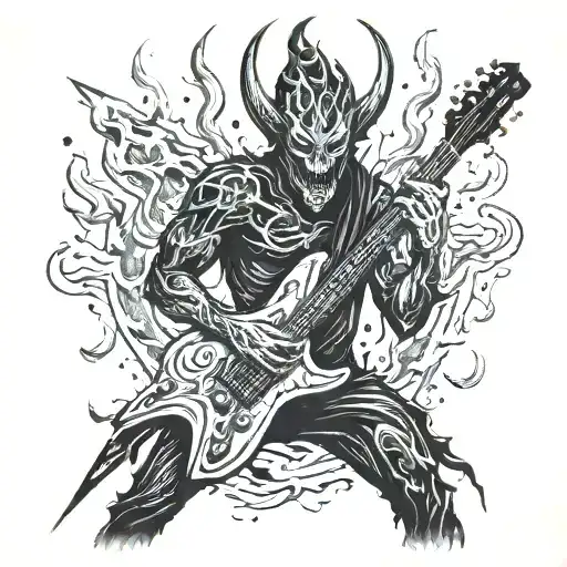 A demonic figure playing an electro guitar, surrounded by flames and lightning bolts tattoo design idea