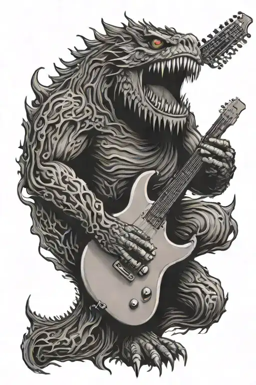 A detailed line tattoo of a monstrous creature shredding on an electric guitar tattoo design idea