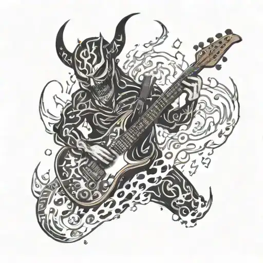 A demonic figure playing an electro guitar, surrounded by flames and lightning bolts tattoo design idea