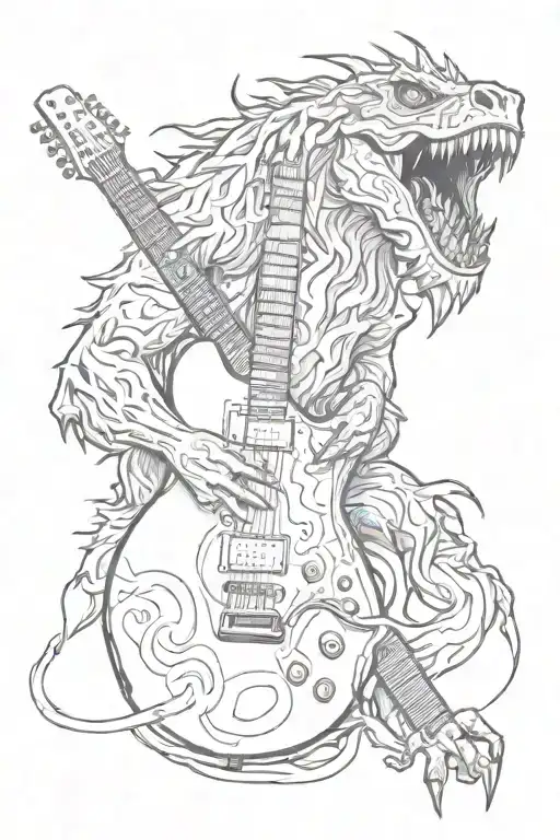 A detailed line tattoo of a monstrous creature shredding on an electric guitar tattoo design idea