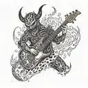 A demonic figure playing an electro guitar, surrounded by flames and lightning bolts tattoo design idea