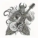 A demonic figure playing an electro guitar, surrounded by flames and lightning bolts tattoo design idea