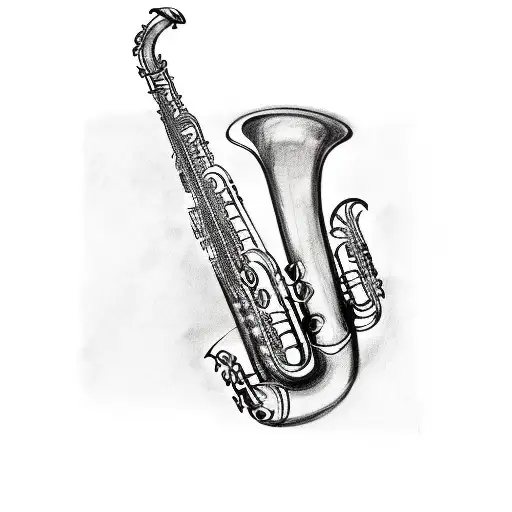 A jazz-inspired sketch of a saxophone surrounded by musical notes tattoo design idea