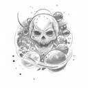 A sketch style tattoo with the phrase "Levo o chão de onde eu vim"" with characteristics of the universe tattoo design idea