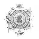 A sketch style tattoo with the phrase "Levo o chão de onde eu vim"" with characteristics of the universe tattoo design idea