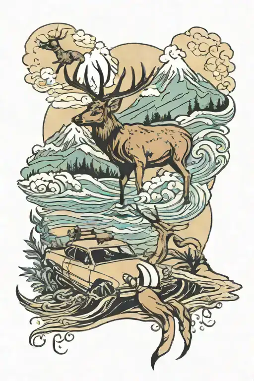  bible, guns, nissan, deer, mountains, fishing, waves, sand,  tattoo design idea