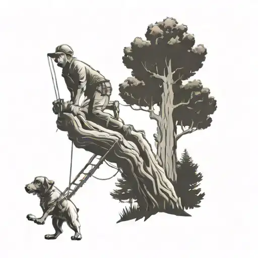 A camping scene with a lineman climbing a tree to rescue a dog tattoo design idea