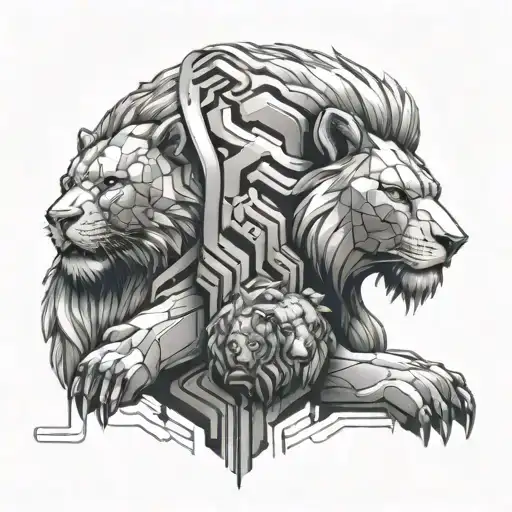 A lion and a bear in a futuristic style, with cybernetic enhancements symbolizing the client's passion for technology and animals tattoo design idea