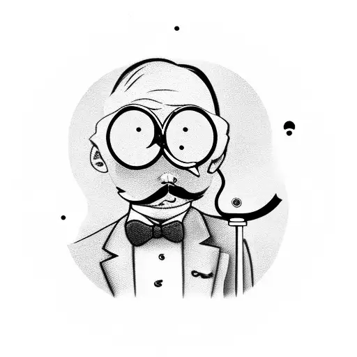 a sugar cube wearing a monocle, a moustache, a suit and a cane tattoo design idea