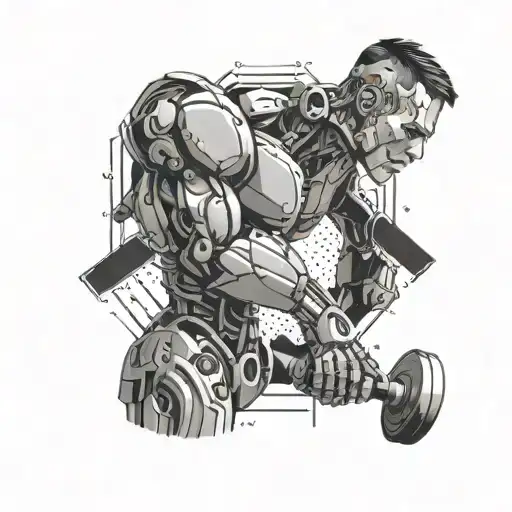A robotic arm with intricate circuitry lifting weights in a bodybuilding pose tattoo design idea