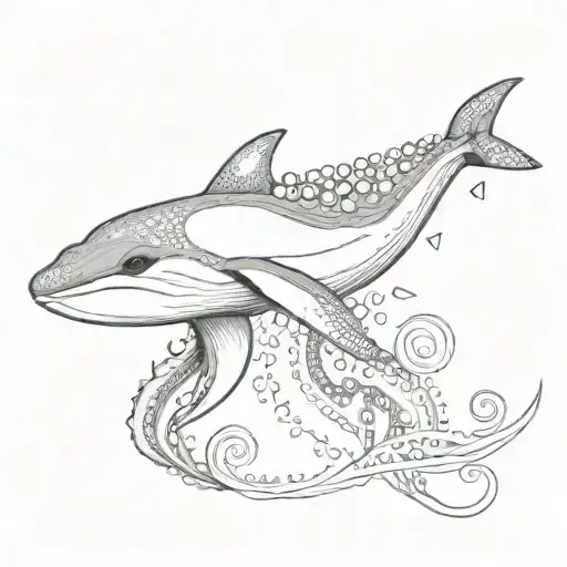 An octopus and a killer whale engaged in a friendly race, with a finish line made of binary code tattoo design idea