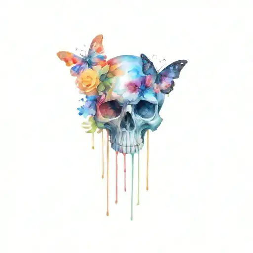 Skull with butterflies in eyes surrounded by galaxy and roses tattoo design idea