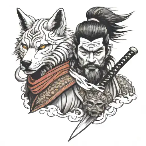 samurai with wolf mask  tattoo design idea