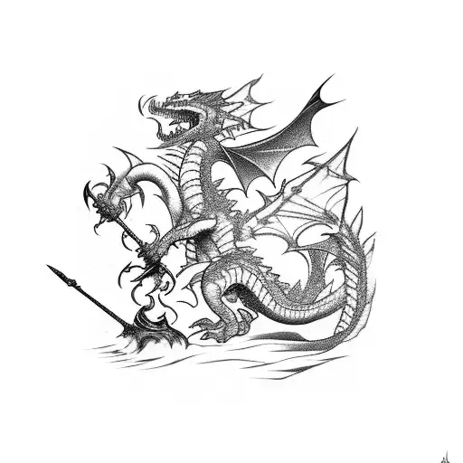 A fierce dragon battling against a construction crane, representing the client's passion for both gaming and their occupation in construction. tattoo design idea