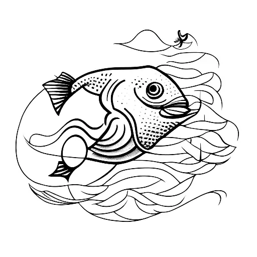 A minimalist tattoo of a fishing hook with a tiny fish swimming towards it tattoo design idea