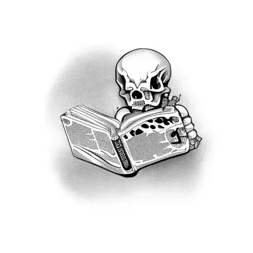 skeletone reading a book tattoo design idea
