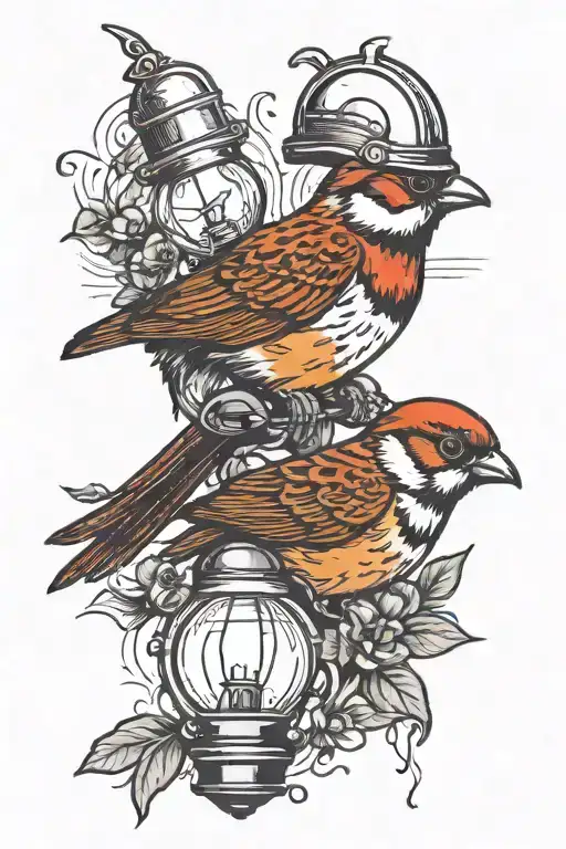 sparrow with one has a hard hat and one has a light bulb tattoo design idea