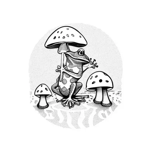 A whimsical design of a frog holding a mushroom umbrella, surrounded by a variety of different knives and daggers tattoo design idea