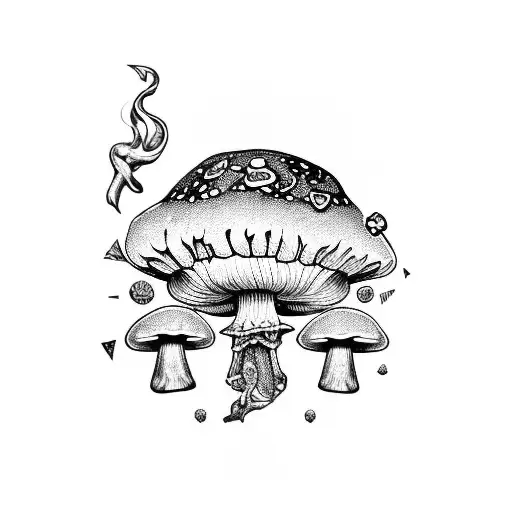 A surrealistic tattoo featuring a mushroom frog morphing into a dagger, with intricate dotwork details tattoo design idea