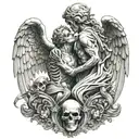 Statues: one of an Angel and Demon combined in one man. one Statue a Skeleton with Angel wings kissing another Statue tattoo design idea